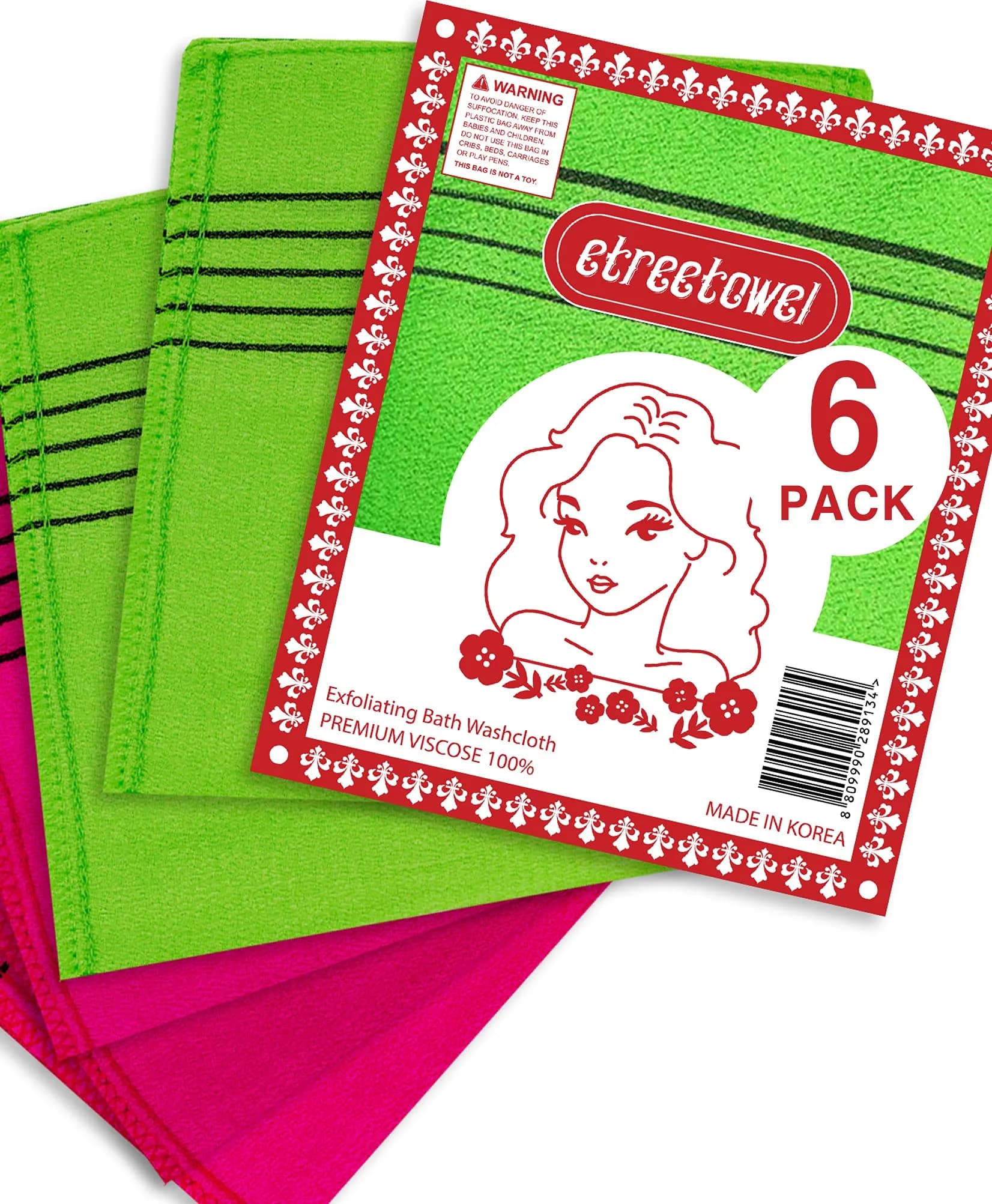 etreetowel Korean Exfoliating Bath Washcloth Mitt 6-Pack | Premium Viscose Rayon, Anti-Shrink — 6 Pcs of Anti-shrink Glove Mitt