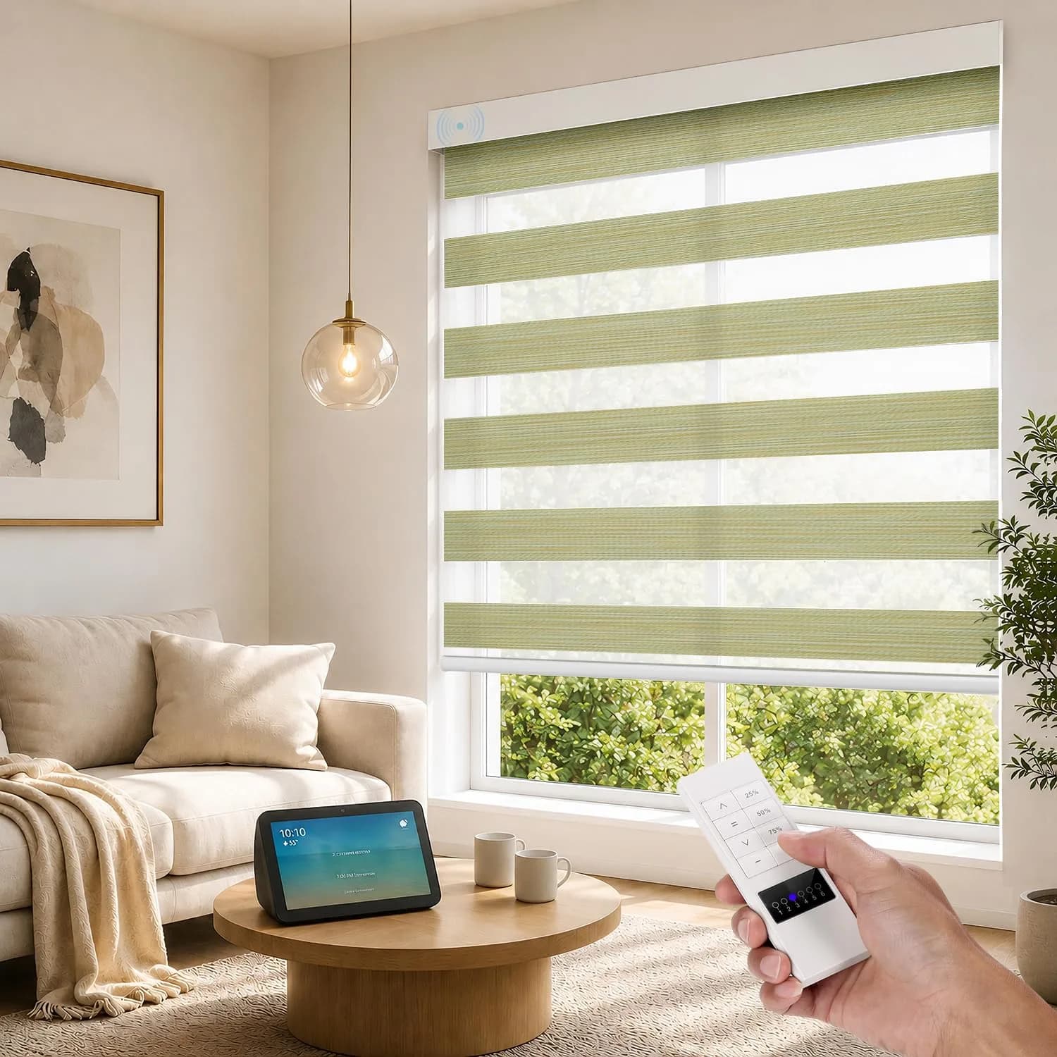 ACMEART Motorized Light Filtering Zebra Blinds with Remote, Lemon Green | Smart Window Shades for India - main product image