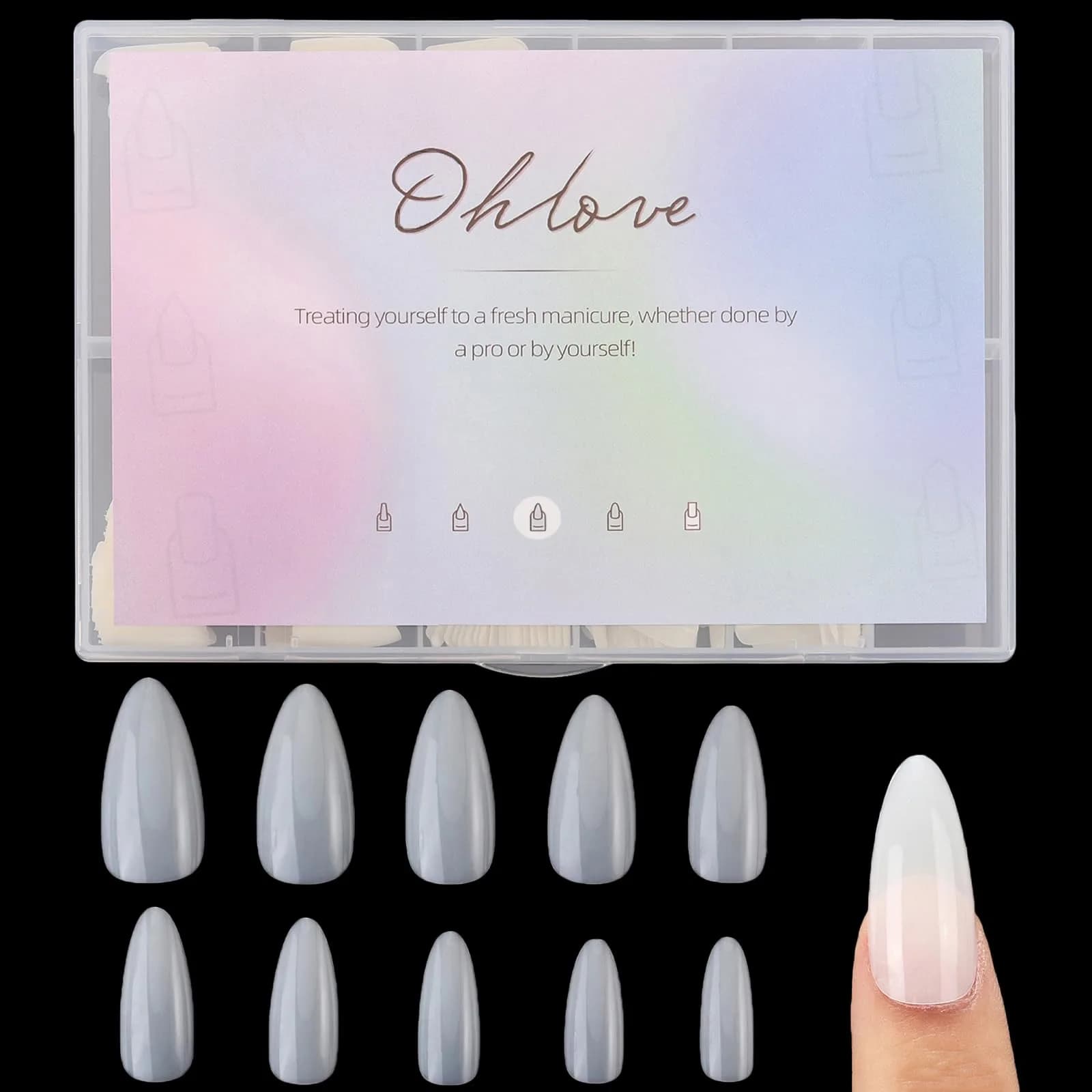 Ohlove False Nail Tips 500Pcs Medium Almond Full Cover Clear Acrylic Nails for DIY Nail Art, 10 Sizes - main product image