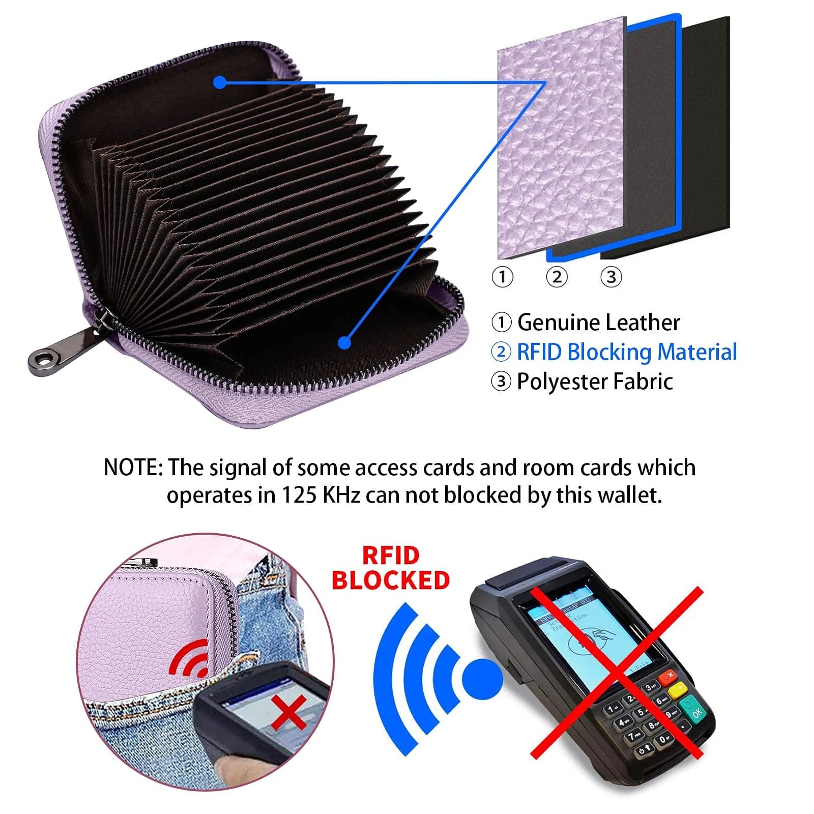Linno RFID Genuine Leather Credit Card Holder Wallet - Lavender, 20 Slots with Zipper - view 3