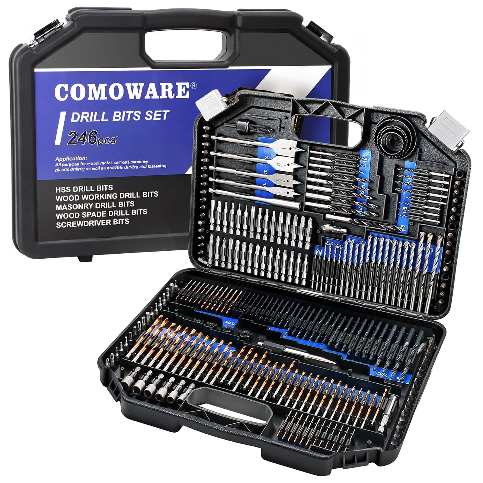 COMOWARE 246 Pcs Drill Bit Set with Case | Wood, Metal, Masonry, Cement & Screwdriver Bits — 246Pcs-Blue