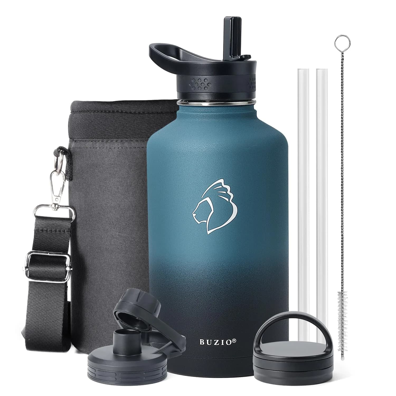 BUZIO 1.89 L (64 oz) Insulated Water Jug with 3 Lids & Straws | Keeps Cold 48 Hrs, Hot 24 Hrs - main product image