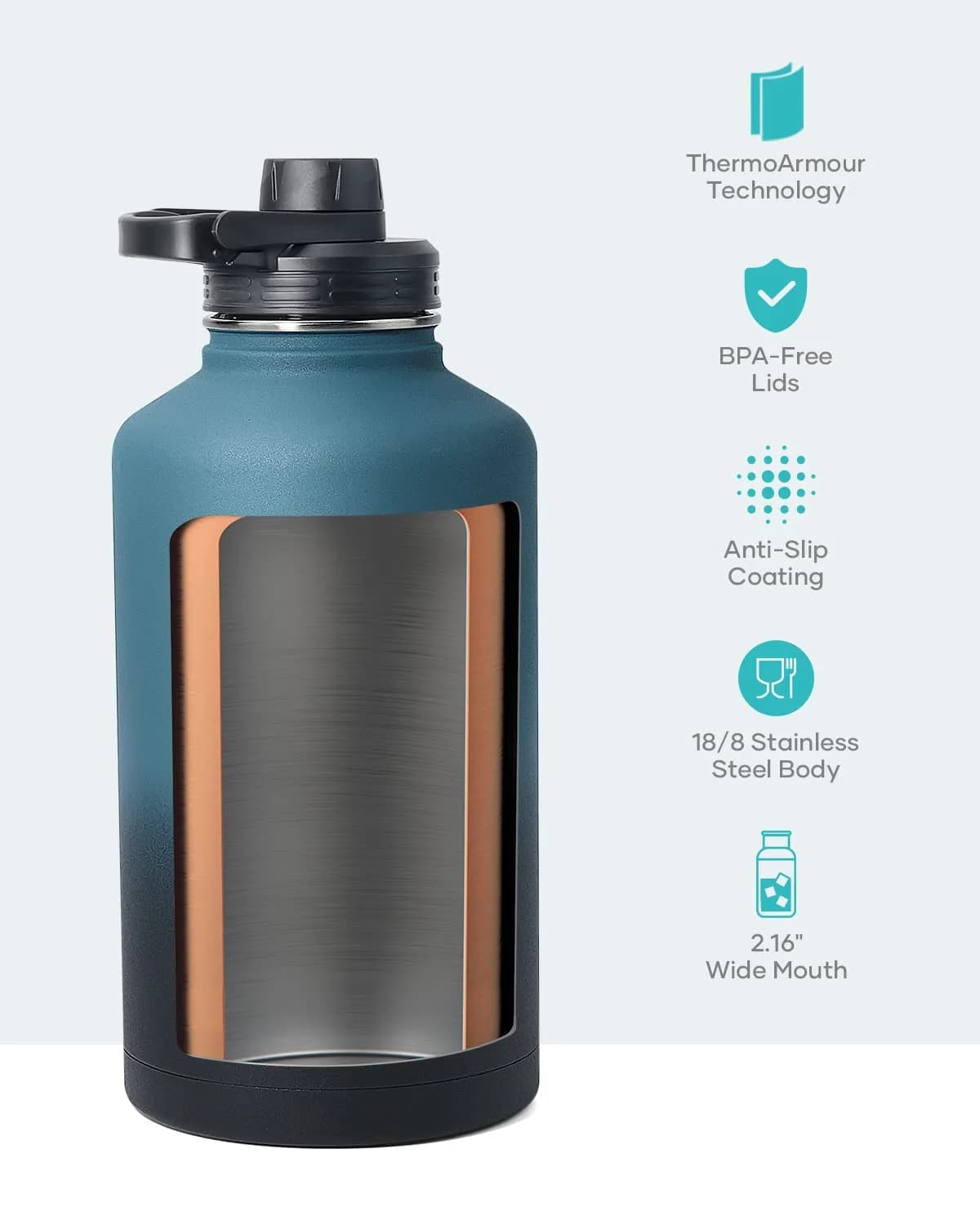 BUZIO 1.89 L (64 oz) Insulated Water Jug with 3 Lids & Straws | Keeps Cold 48 Hrs, Hot 24 Hrs - view 4