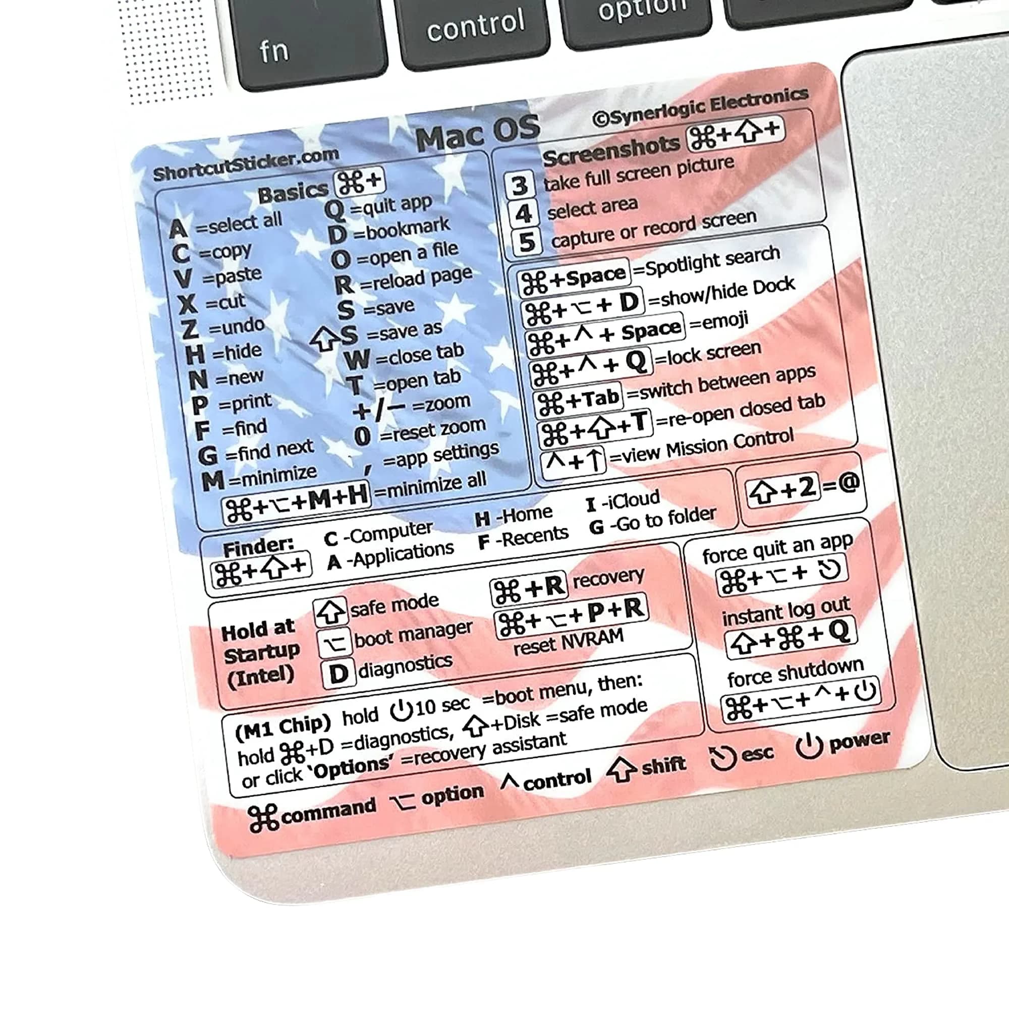 Synerlogic Mac OS Shortcuts Sticker | Laminated Vinyl MacBook Cheatsheet for macOS | Rainbow Edition (3.25 x 3.25 inches) — Red/Blue
