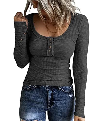 KINLONSAIR Women Long Sleeve Henley Shirts Scoop Neck T-shirt Basic Tops | Breathable, Slim Fit, Adjustable Neck, Casual Style thumbnail 1
