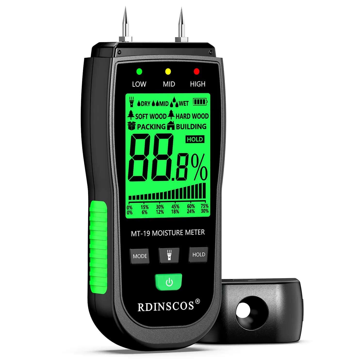 RDINSCOS Digital Moisture Meter Pin-Type Wood Moisture Detector 12mm Deep | 4 Modes for Wood, Drywall, Concrete — 0