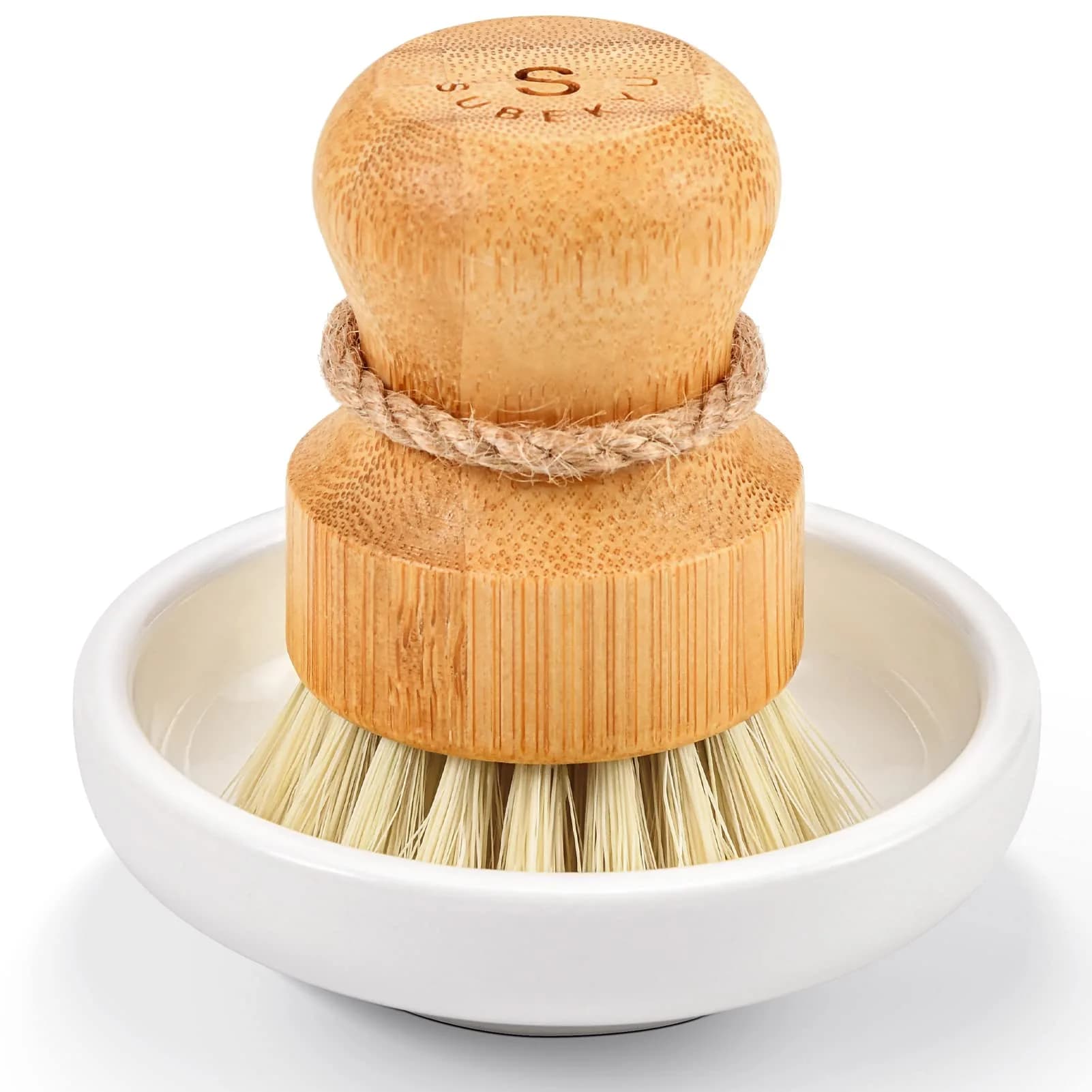 SUBEKYU Bamboo Dish Scrub Brush with Ceramic Base & Sisal Bristles | Natural Kitchen Cleaning Tool - main product image