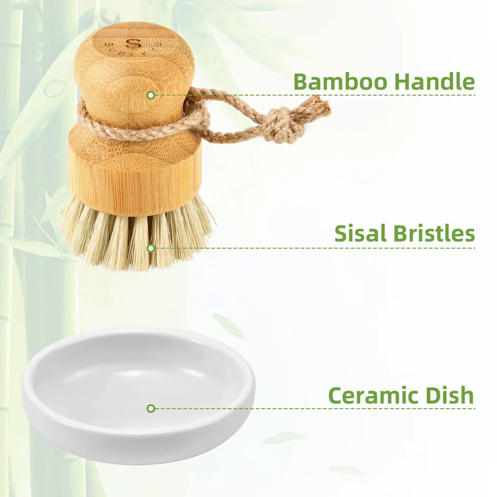 SUBEKYU Bamboo Dish Scrub Brush with Ceramic Base & Sisal Bristles | Natural Kitchen Cleaning Tool - view 5