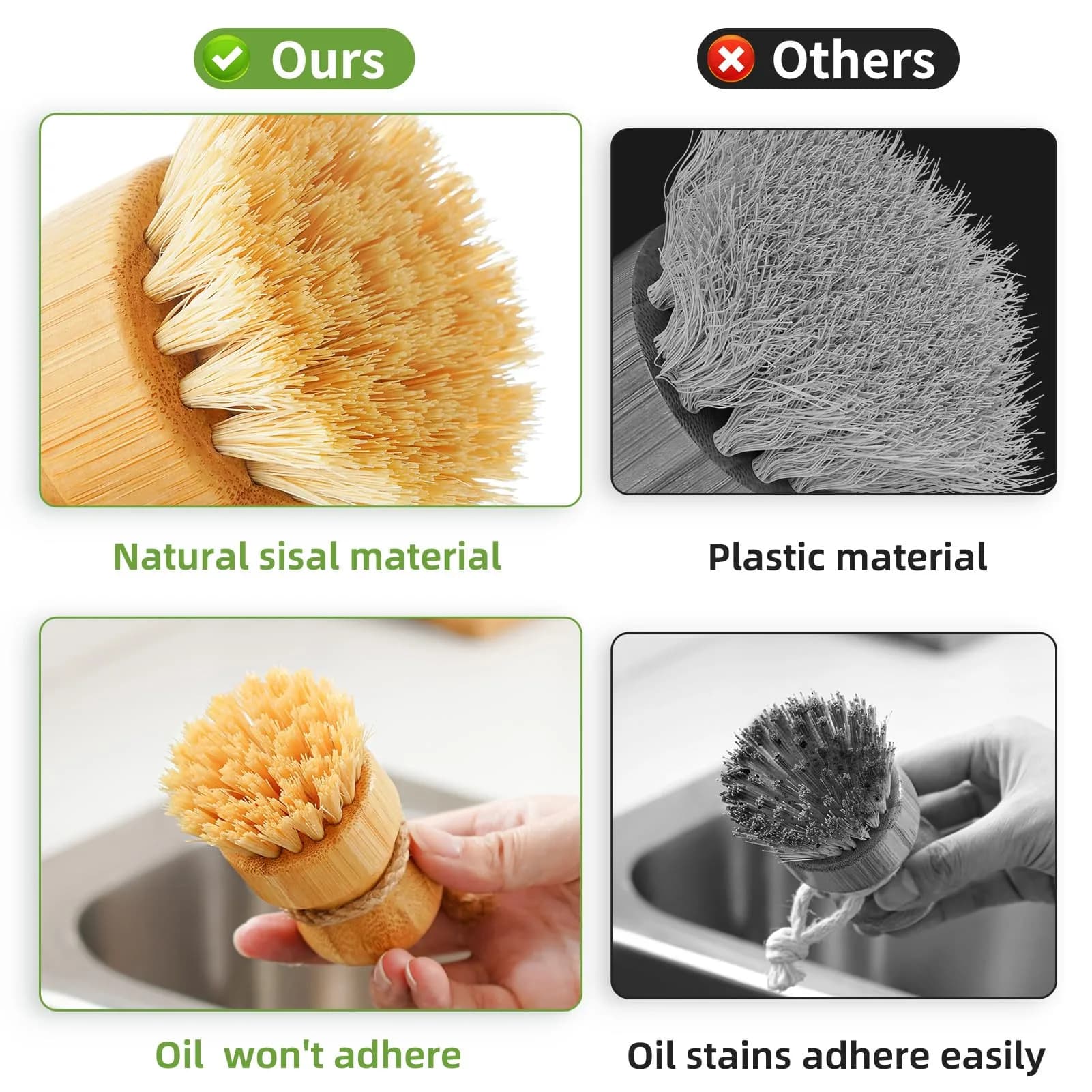 SUBEKYU Bamboo Dish Scrub Brush with Ceramic Base & Sisal Bristles | Natural Kitchen Cleaning Tool - view 3