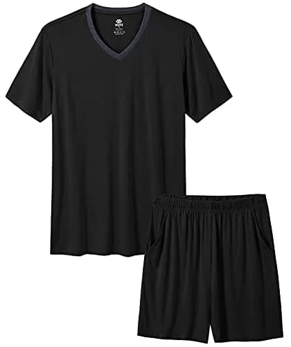 MoFiz Men's Pajama Set Short Sleeve T-Shirt Shorts Lightweight Soft Summer Casual 2 Piece Set Black XL | Elastic Waist & Moisture Wicking thumbnail 1