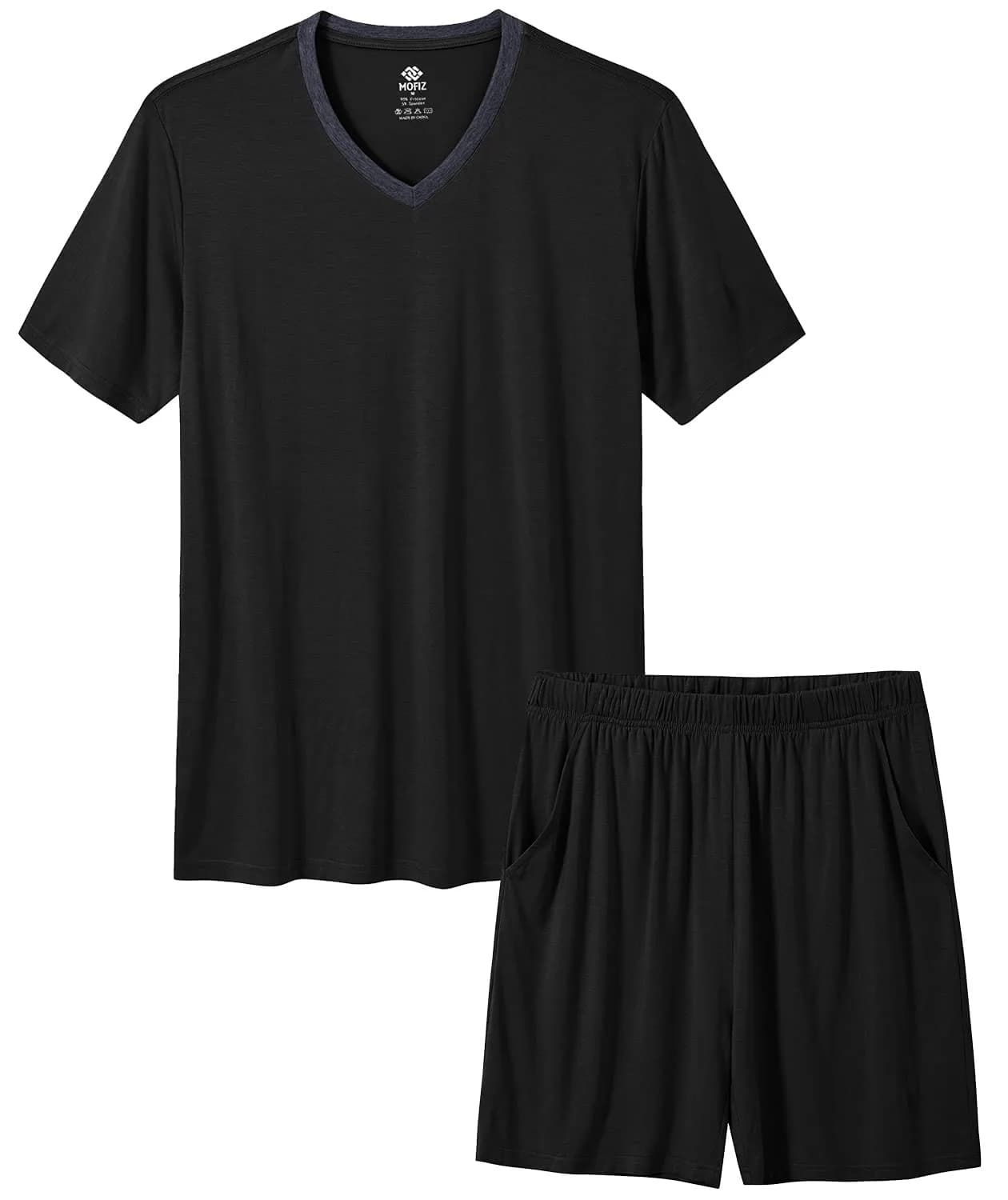 MoFiz Men's Pajama Set Short Sleeve T-Shirt Shorts Lightweight Soft Summer Casual 2 Piece Set Black XL | Elastic Waist & Moisture Wicking