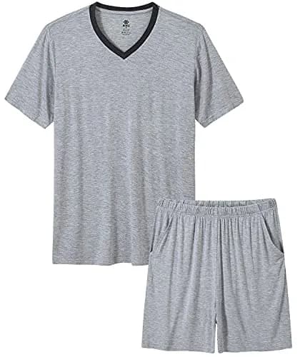 MoFiz Men's Pajama Set Lightweight Big Tall Tee Soft Summer Cotton PJs Sleep Sets Light Grey XL thumbnail 1