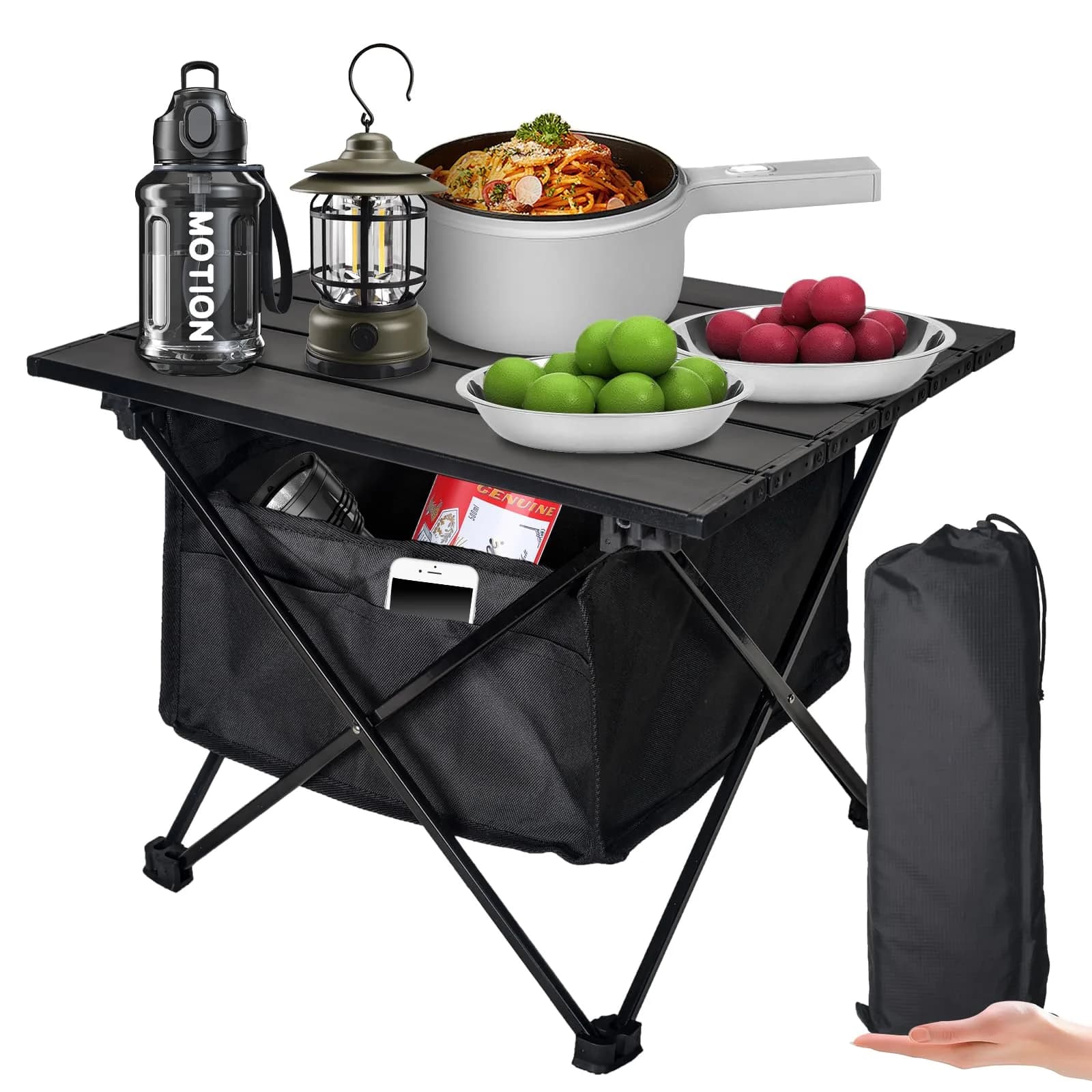 Audoyon Foldable Camping Side Table L Black | Ultralight Aluminum Roll-Up Table with Carry Bag & Storage for Picnic, Hiking, Beach (18x27x18 inches) — Black