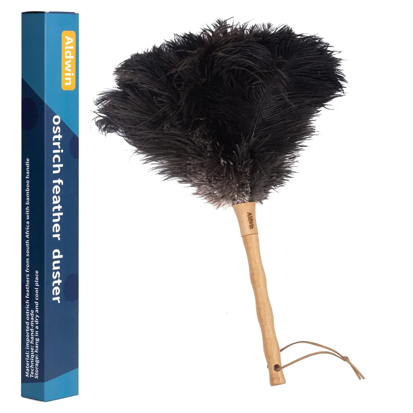 Aldwin 16" Gray Ostrich Feather Duster with Wooden Handle | Reusable & Washable Cleaning Tool — Black