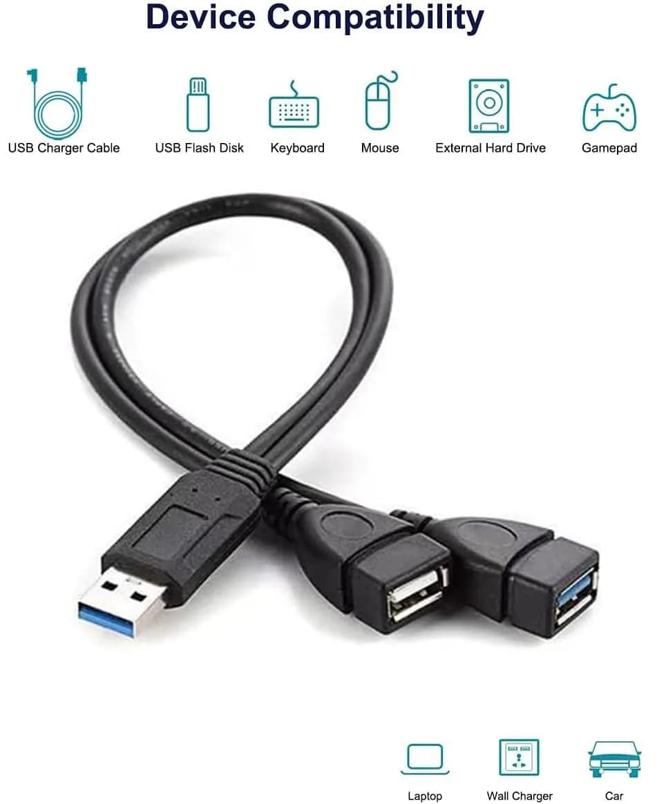 Eanetf Dual USB Splitter Cable 30cm (1ft) | USB 3.0 Female + USB 2.0 Female - view 4