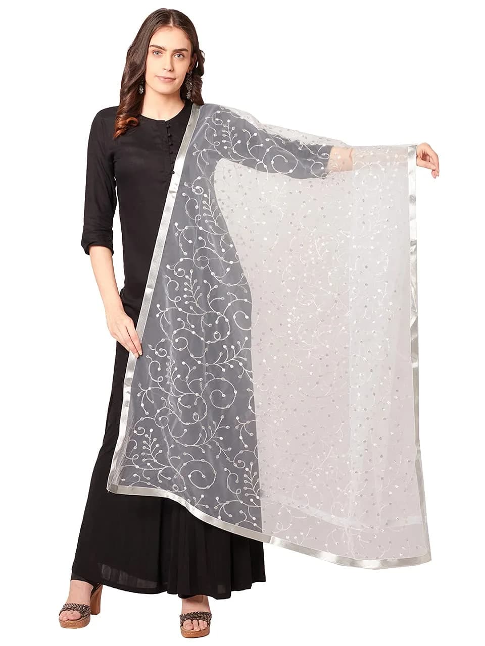 DUPATTA BAZAAR Embroidered Silver Net Dupatta 2.4 m (2.6 yd) | Elegant Indian Ethnic Wear Accessory — Silver