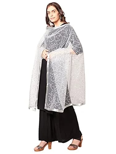 DUPATTA BAZAAR Embroidered Silver Net Dupatta 2.4 m (2.6 yd) | Elegant Indian Ethnic Wear Accessory thumbnail 5