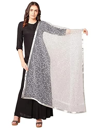 DUPATTA BAZAAR Embroidered Silver Net Dupatta 2.4 m (2.6 yd) | Elegant Indian Ethnic Wear Accessory thumbnail 1