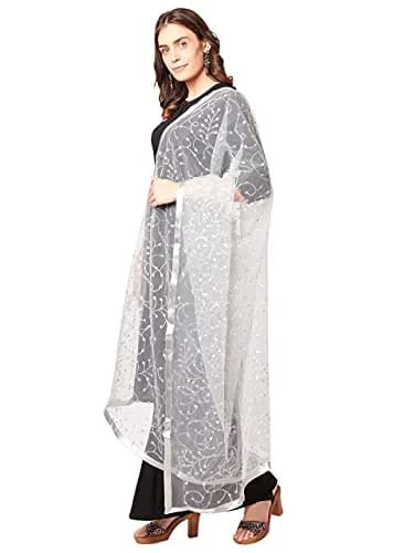 DUPATTA BAZAAR Embroidered Silver Net Dupatta 2.4 m (2.6 yd) | Elegant Indian Ethnic Wear Accessory thumbnail 3