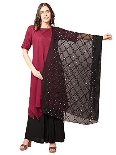 DUPATTA BAZAAR Women's Black Embroidered Chiffon Dupatta with Mirror Work | Elegant & Breathable thumbnail 1