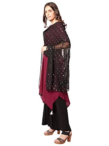 DUPATTA BAZAAR Women's Black Embroidered Chiffon Dupatta with Mirror Work | Elegant & Breathable thumbnail 5