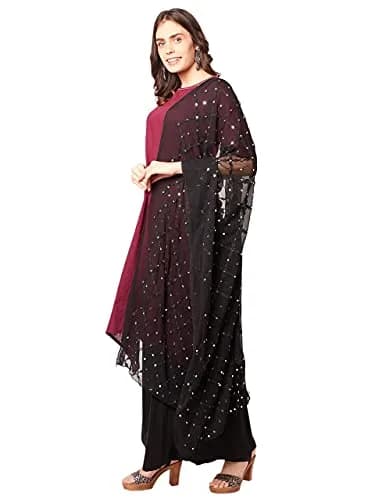 DUPATTA BAZAAR Women's Black Embroidered Chiffon Dupatta with Mirror Work | Elegant & Breathable thumbnail 3
