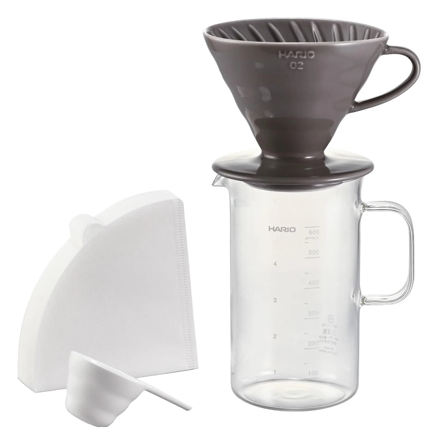 HARIO V60 Glass Coffee Server & Dripper Set 600ml (20.3 fl oz) | Handmade Arita-yaki Ceramic Dripper — Gray