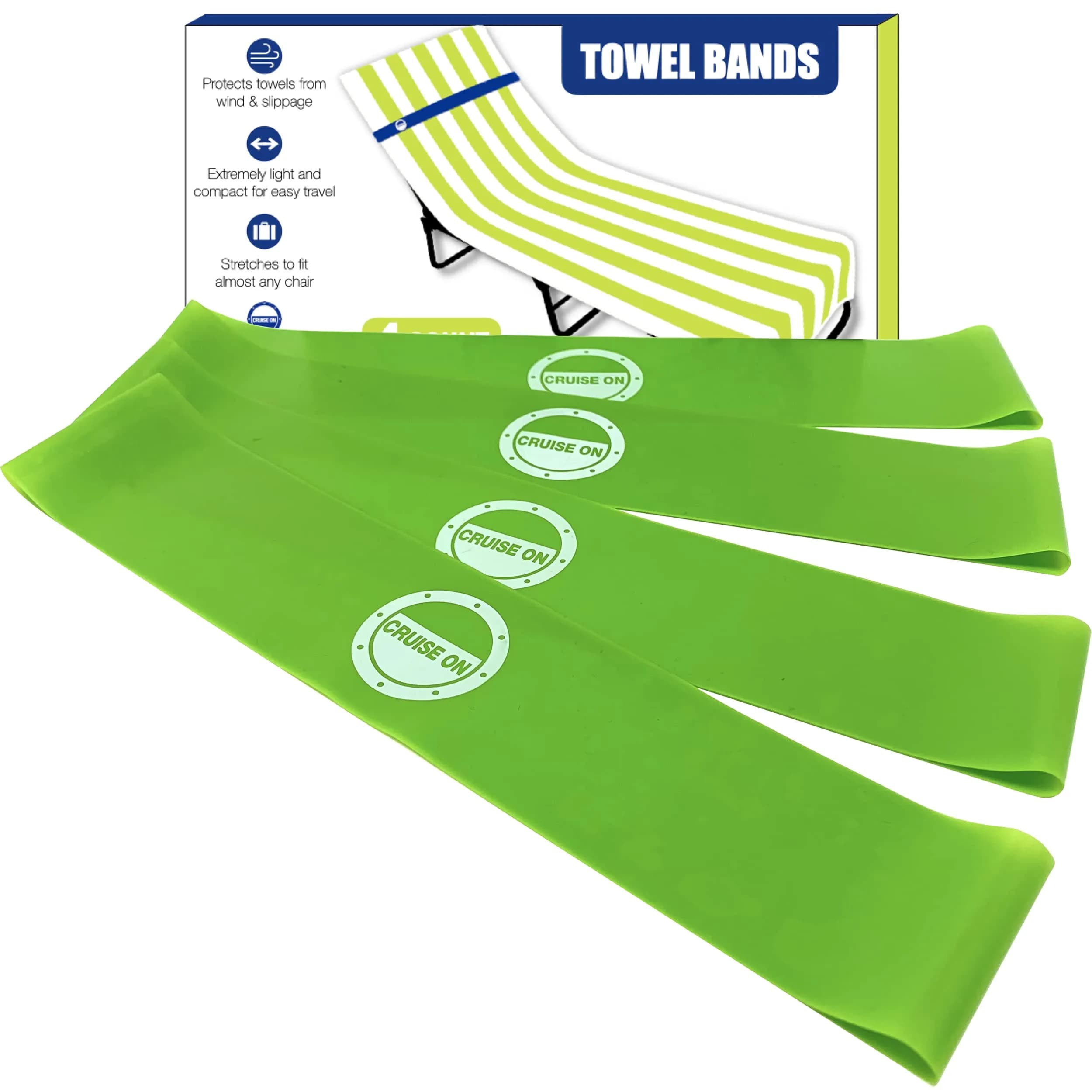 Cruise On Towel Bands for Cruise Chairs, 4 Pack, Green and Lime | Secure Beach Towel Holders for Lounge Chairs — Extendable Green Clasps