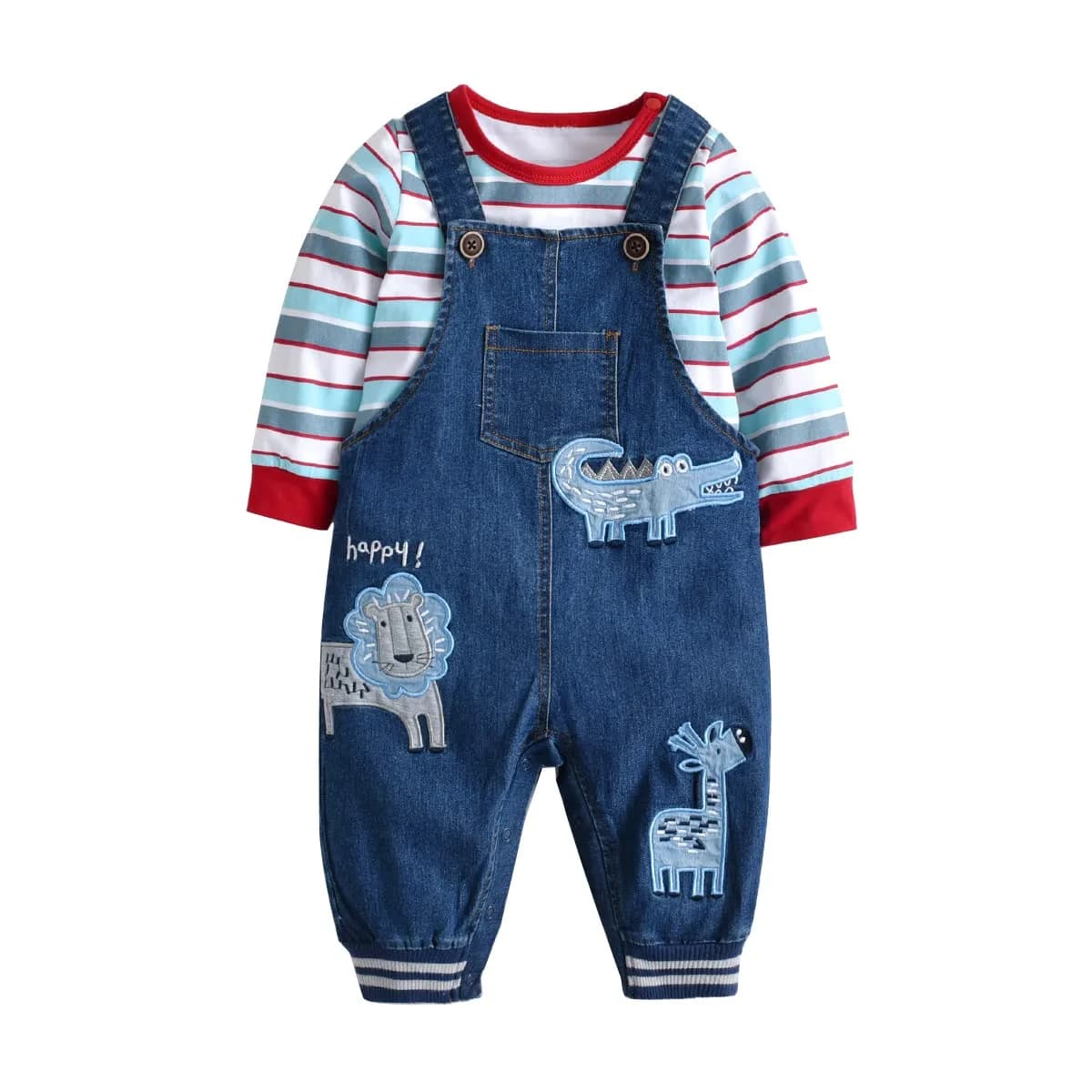 LvYinLi Baby Boy Clothes Set 19-24 Months | Cotton Long Sleeve Romper & Dinosaur Denim Overalls
