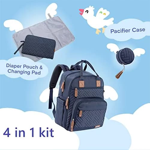 iniuniu Baby Diaper Bag Backpack, 4 in 1 kit Waterproof Large Capacity for Moms Dads, Navy Blue | Unisex Travel Backpack with Washable Changing Pad thumbnail 2