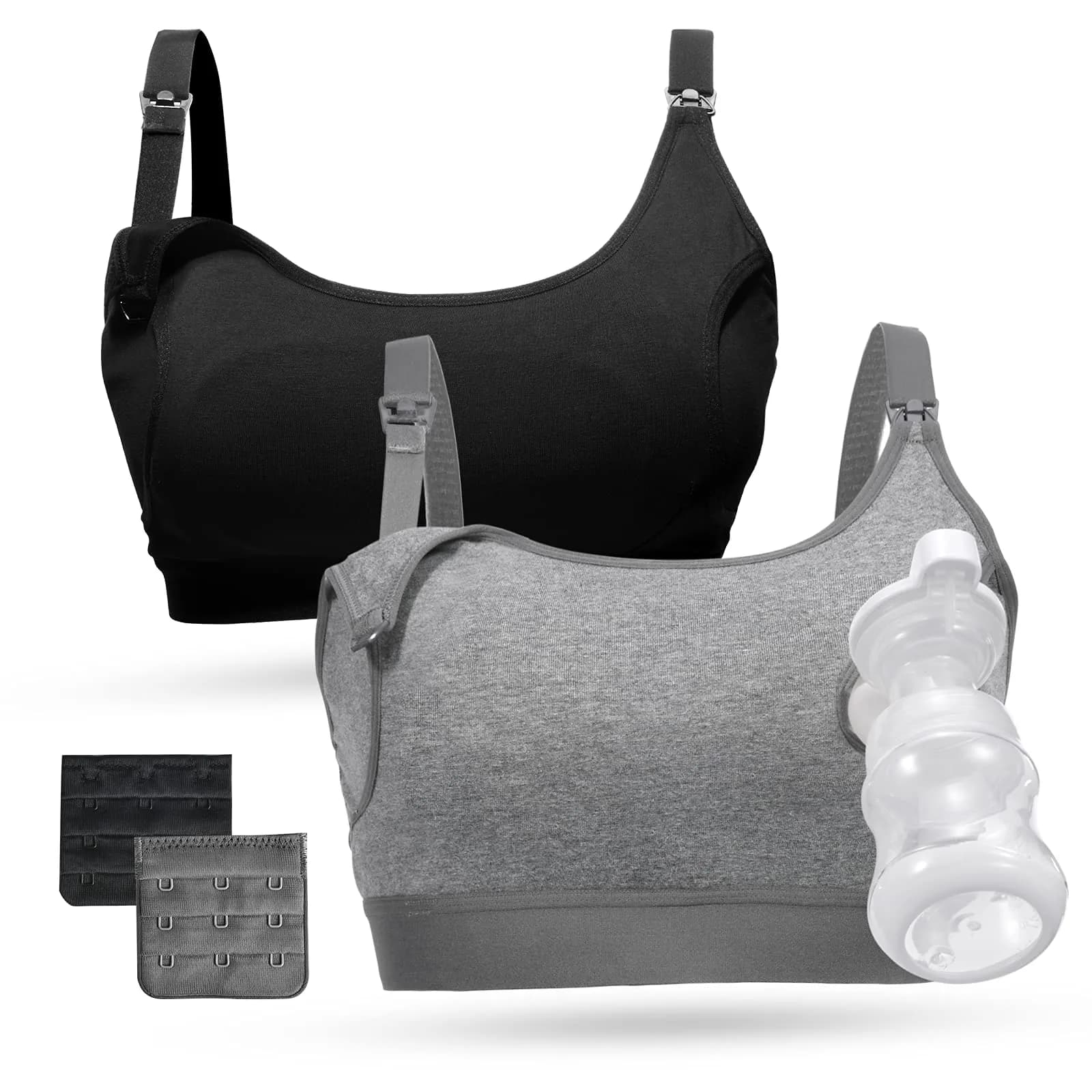 Momcozy Pumping Bra Hands Free, Pumping & Nursing Bra in One, Black/Grey-2pk, Medium | Secure Fit & All-Day Comfort