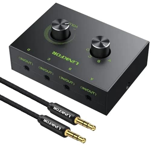 LiNKFOR 4-Port Bidirectional 3.5mm Audio Switch with Volume Control | Compact, Easy Install, Supports 2V Max Signal (70-120c) thumbnail 1