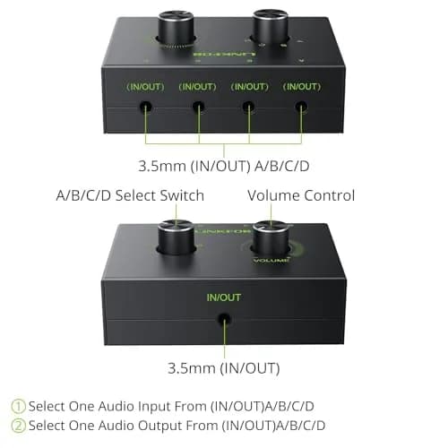 LiNKFOR 4-Port Bidirectional 3.5mm Audio Switch with Volume Control | Compact, Easy Install, Supports 2V Max Signal (70-120c) thumbnail 2