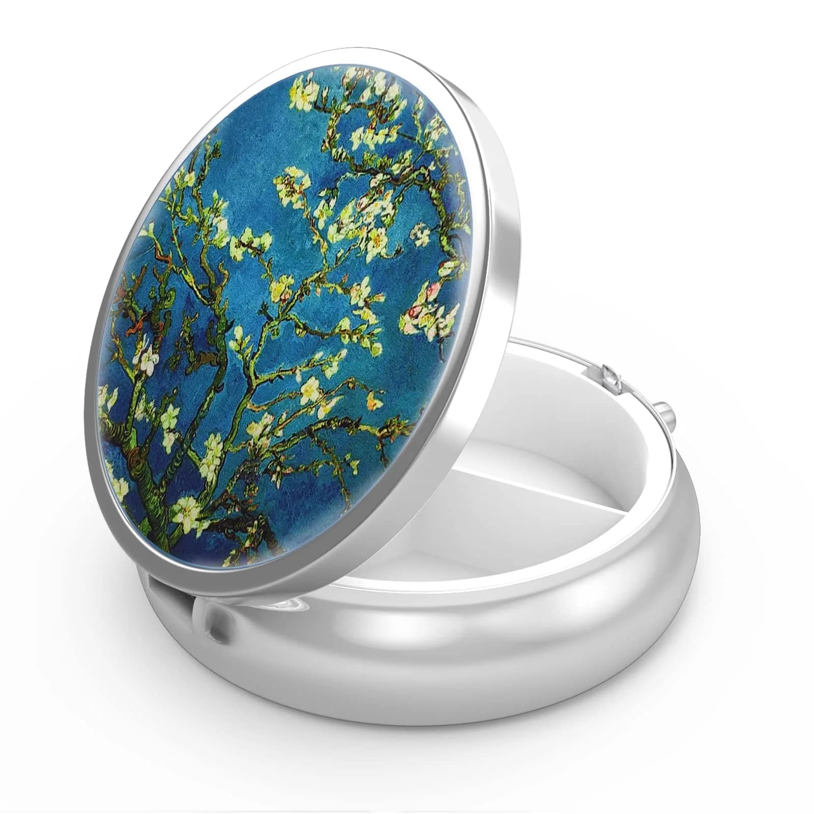 Hion 3 Compartment Round Pill Box Case 1.77" Diameter (4.5 cm) | Artistic Mandala Blue Design — 01-van-gogh Almond Blossom / 1 piece