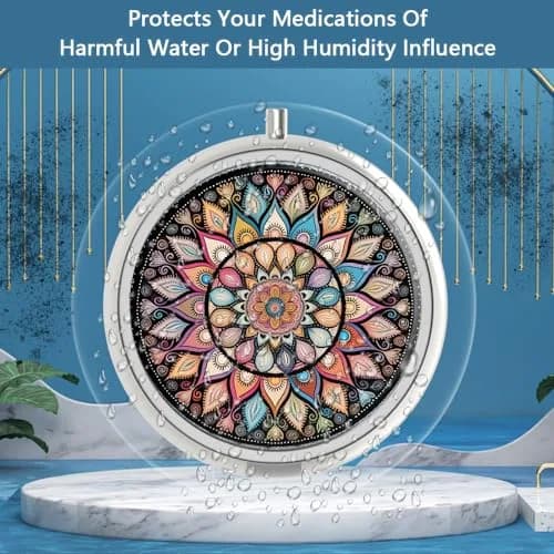 Hion 3 Compartment Small Pill Box Case 1.77" Diameter | Artistic Pattern Portable Pill Container Holder thumbnail 2