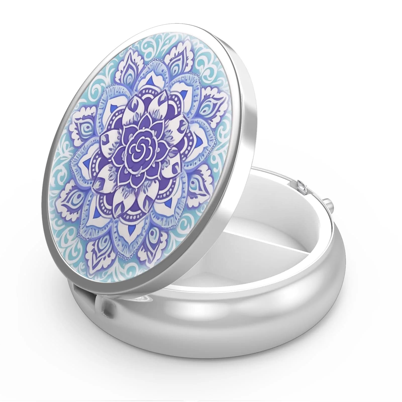 Hion 3 Compartment Round Pill Box Case 1.77" Diameter (4.5 cm) | Artistic Mandala Blue Design — 20-mandala Blue