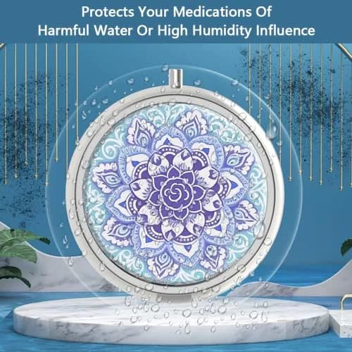 Hion 3 Compartment Round Pill Box Case 1.77" Diameter (4.5 cm) | Artistic Mandala Blue Design thumbnail 2