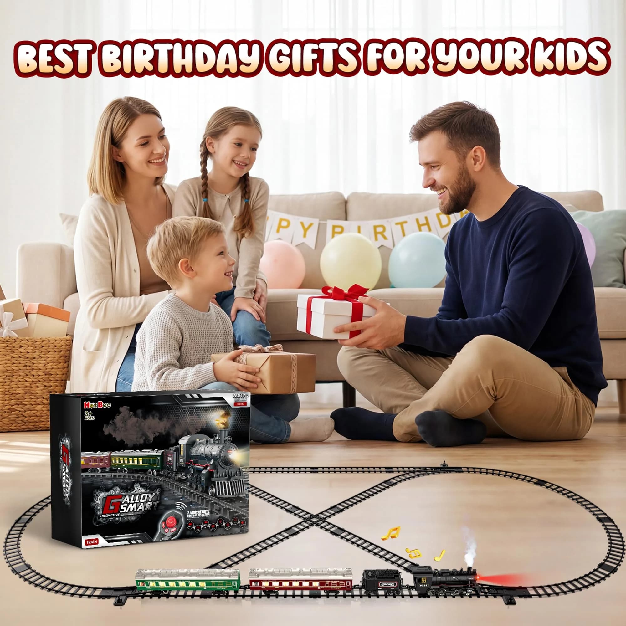 Hot Bee Small Size Remote Control Train Set with Smoke, Lights & Sound - Upgraded Alloy Locomotive & Tracks - view 2