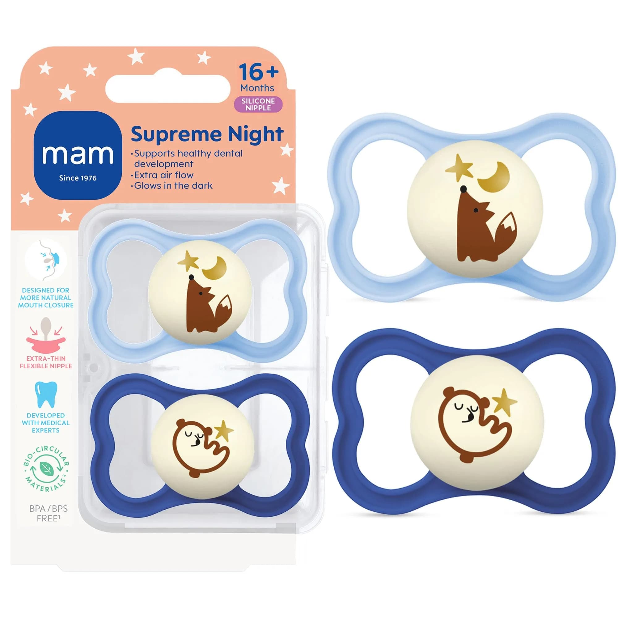 MAM Supreme Baby Pacifier 16+ Mths | Extra Thin Silicone, Night Glow, 2 Pack — Blue Teal/Blue Sky