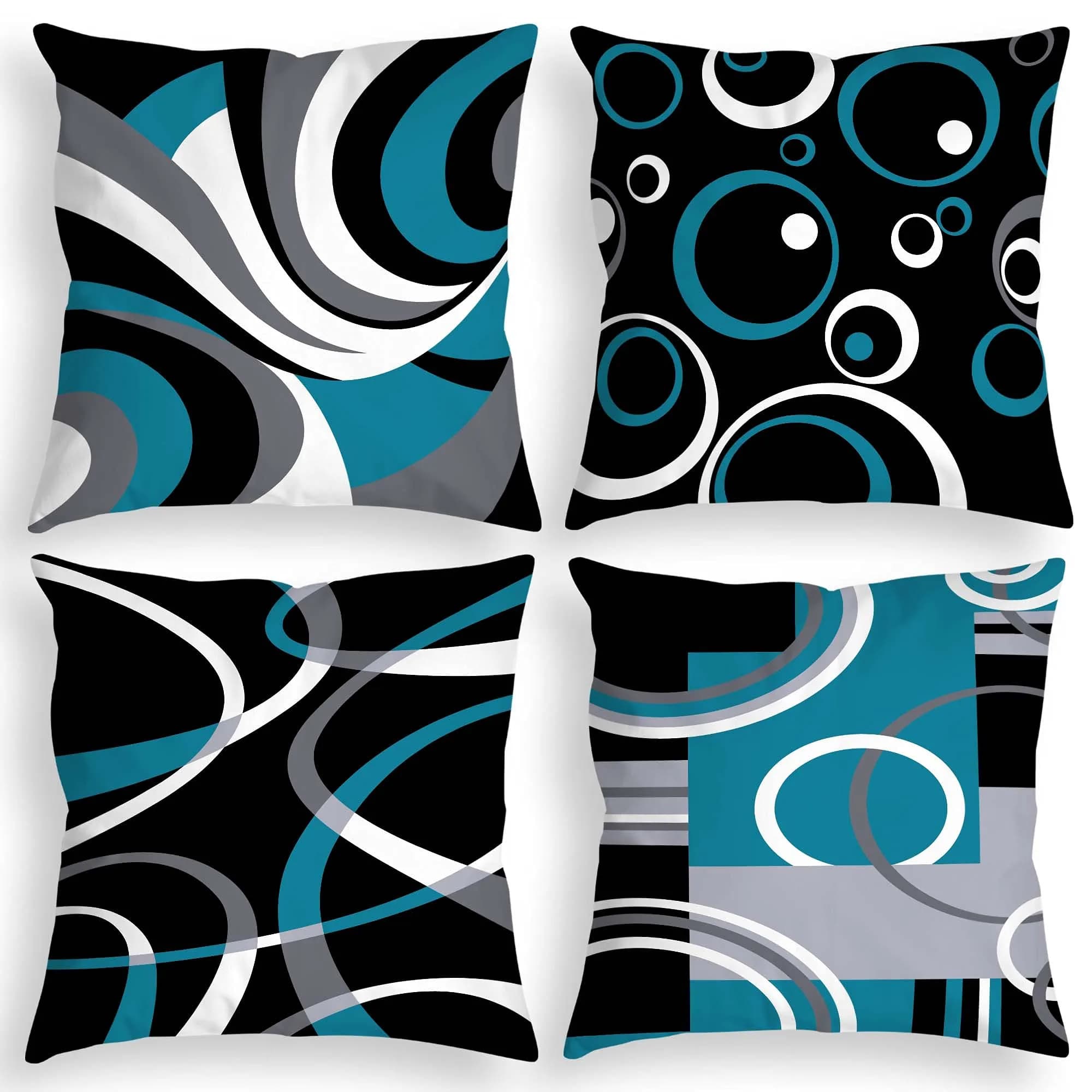 Asrnten Blue and Black Throw Pillow Covers 18x18 Inches (45x45 cm) Set of 4 | Modern Geometric Abstract Decor — Black and Blue