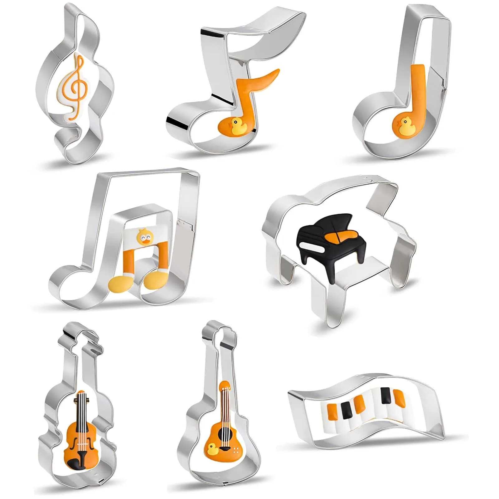 azflyife Music Note Cookie Cutter Shapes Set - 8 Pieces Stainless Steel Musical Instruments | Perfect for Baking & Parties — Silver