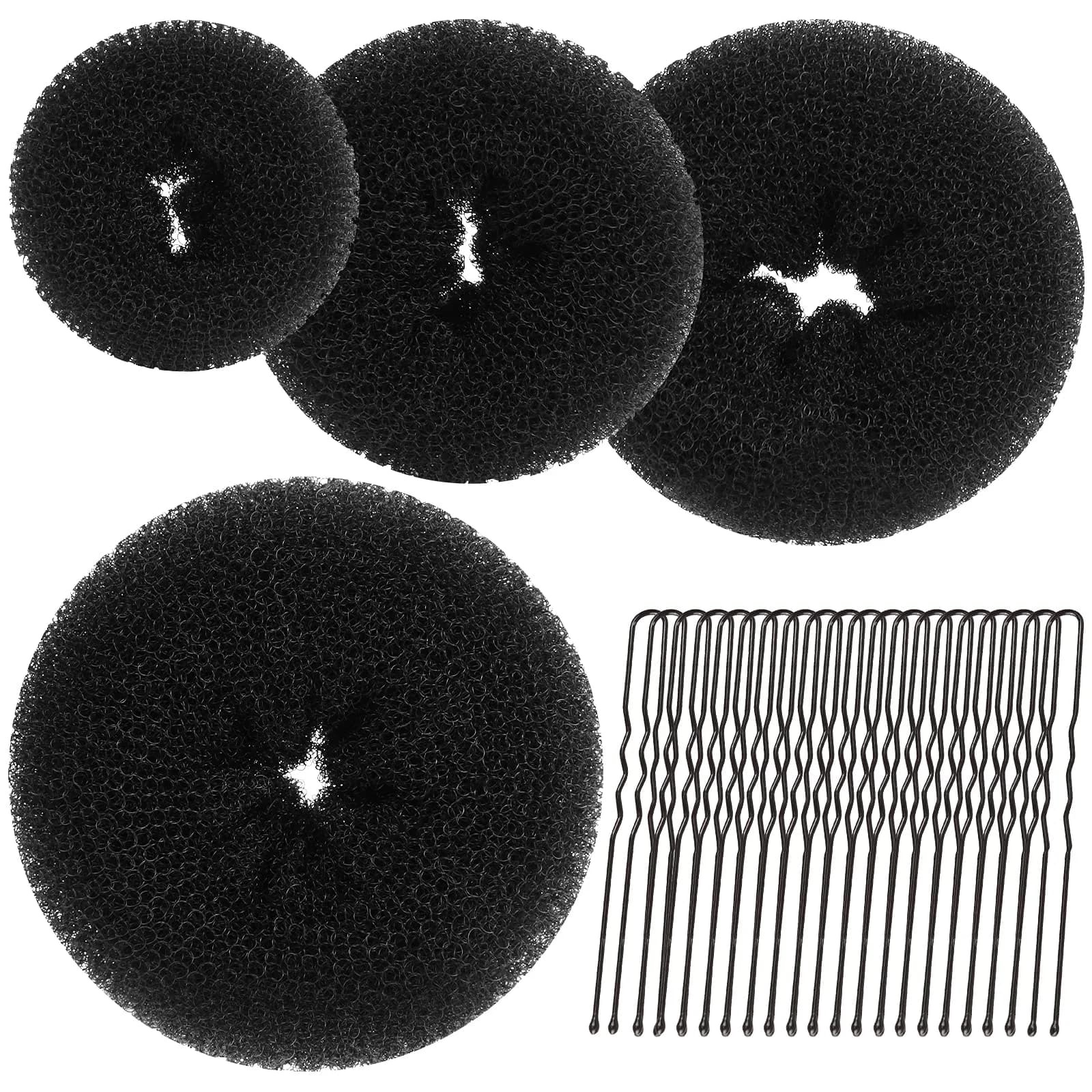 Teenitor Black Hair Donut Bun Maker Set | Extra-large, Large, Medium, Small Sizes with 20 Bobby Pins — C-Black
