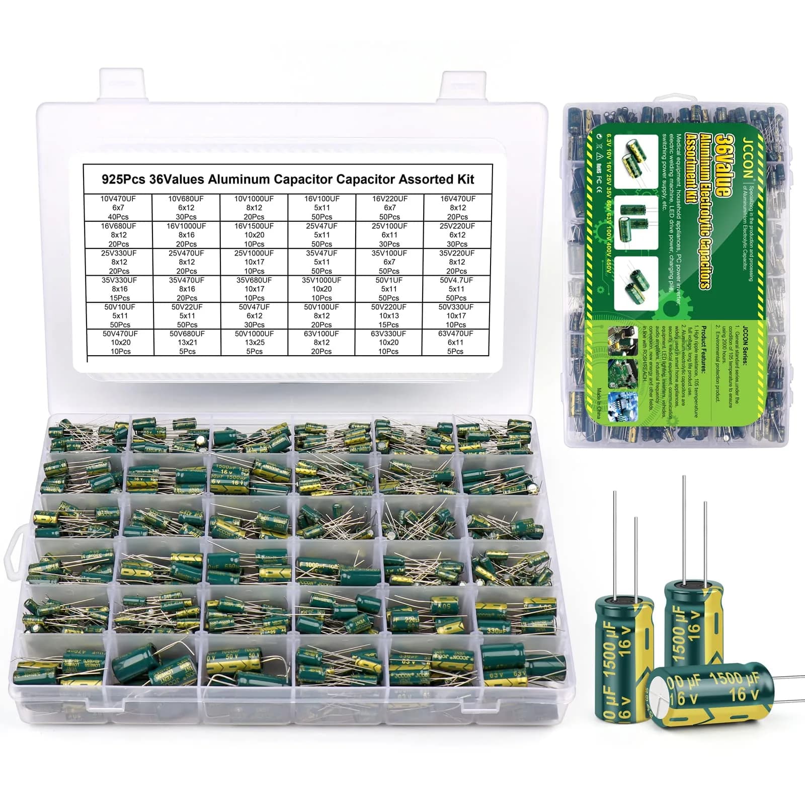 BEEYUIHF Aluminum Electrolytic Capacitor Assortment Kit 925Pcs (1uF-1500uF, 10V-63V) | Radial Lead, -40 to +105°C, 2000+ Hour Life — 925Pcs/Box