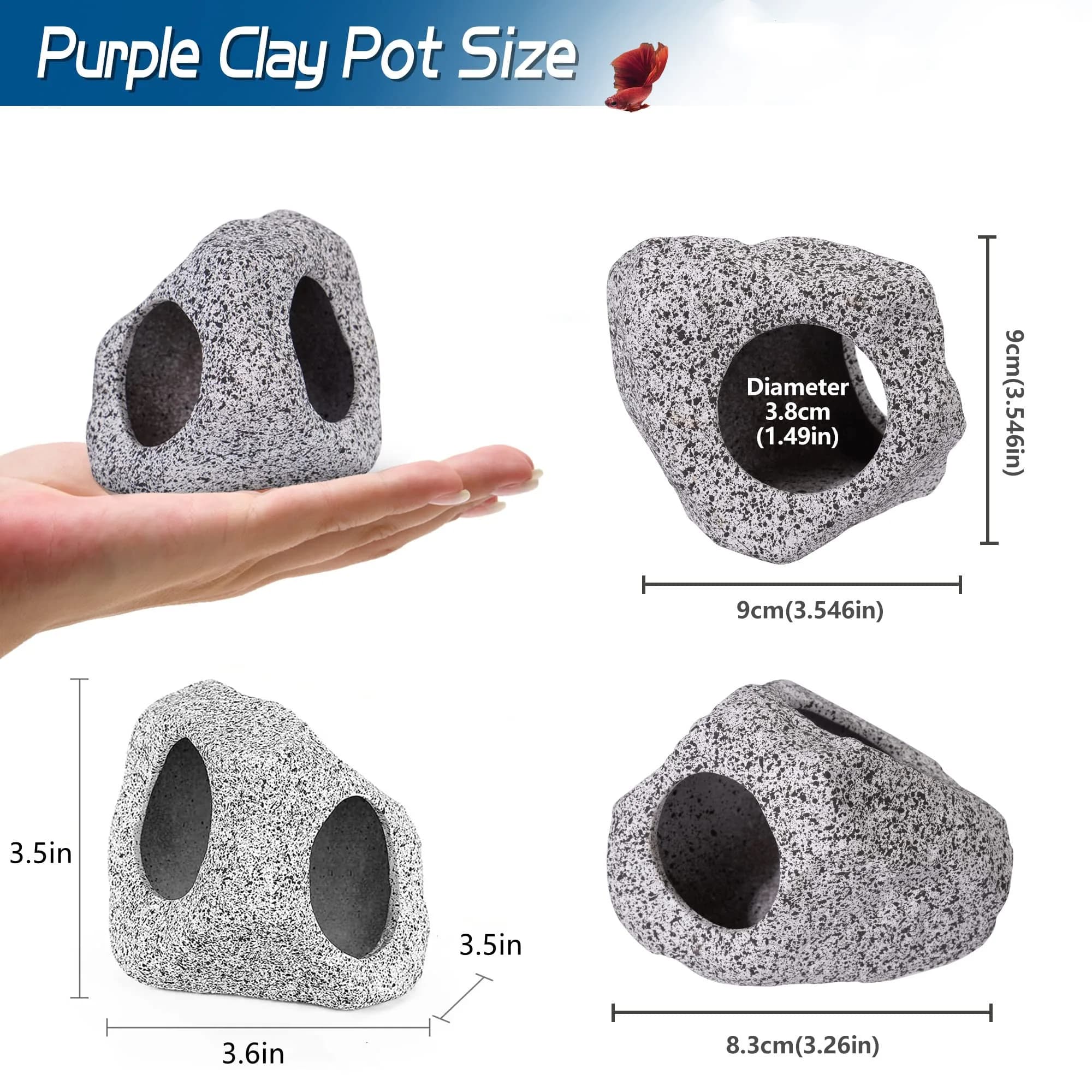 Ameliade Betta Fish Tank Rock Cave Decor Medium | Natural Ceramic Hideaway for Betta, Shrimp, Small Fish - view 2