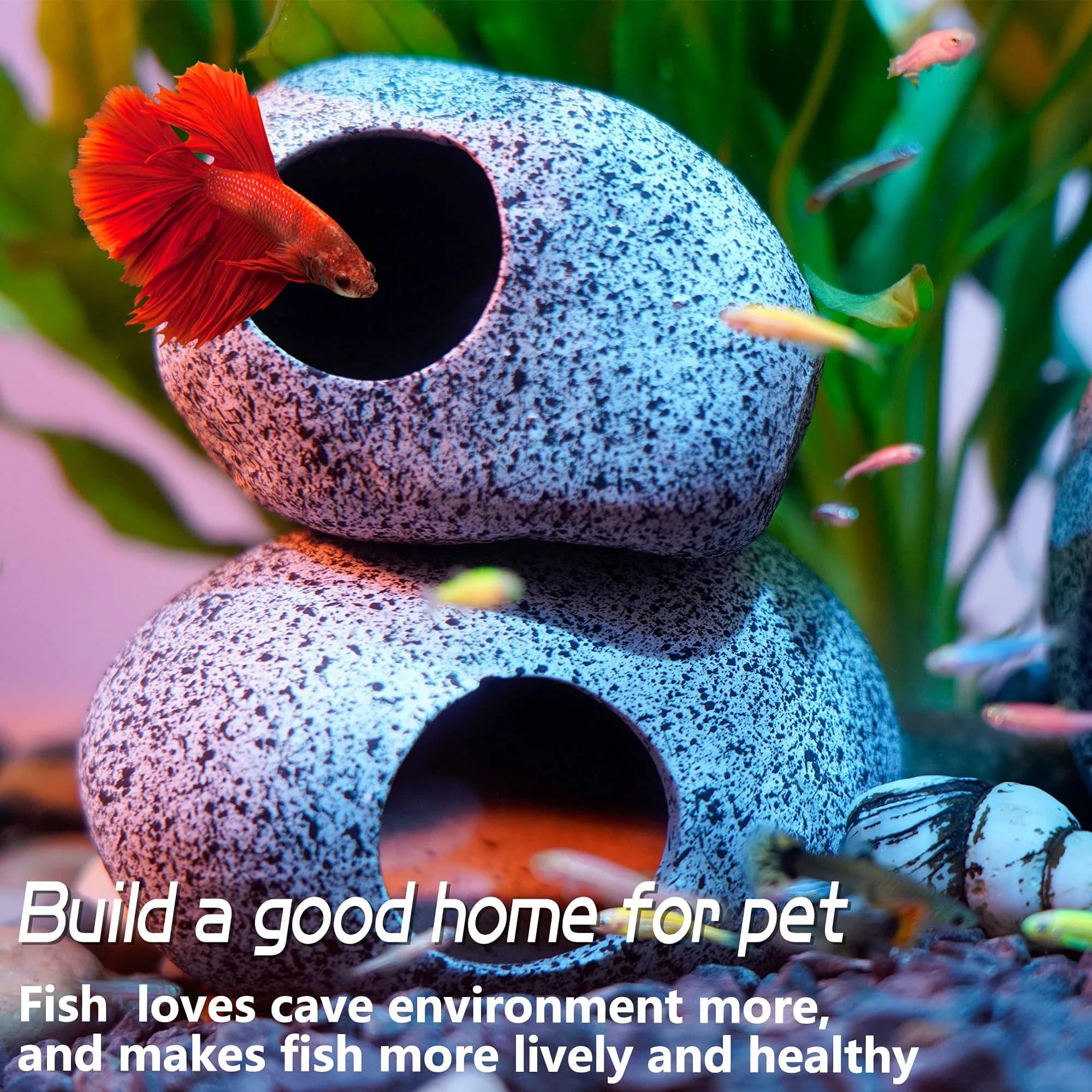 Ameliade Betta Fish Tank Rock Cave Decor Medium | Natural Ceramic Hideaway for Betta, Shrimp, Small Fish - view 4