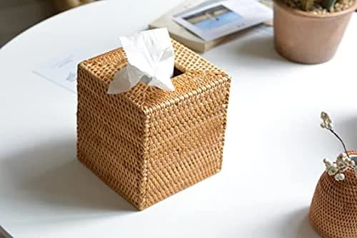 DECRAFTS Natural Rattan Square Tissue Box Cover 14cm (5.5x5.5x5.9 Inch) | Rustic Home Decor Organizer thumbnail 4