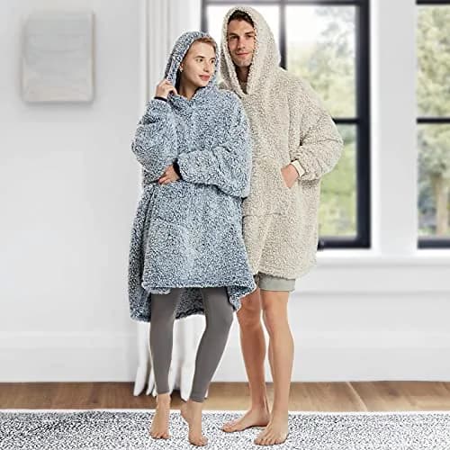 HORIMOTE HOME Oversized Sherpa Wearable Blanket Hoodie for Adults, Women, Men & Kids | Super Warm Light Weight, Blue thumbnail 4