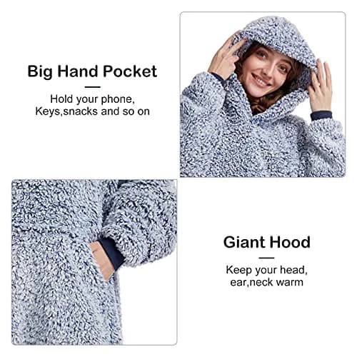 HORIMOTE HOME Oversized Sherpa Wearable Blanket Hoodie for Adults, Women, Men & Kids | Super Warm Light Weight, Blue thumbnail 3