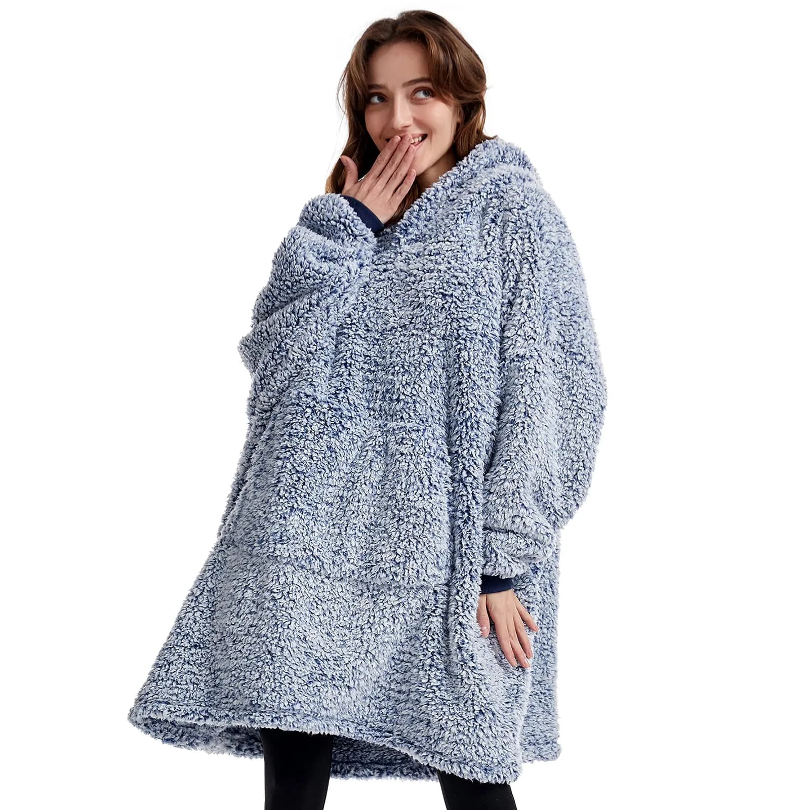 HORIMOTE HOME Oversized Sherpa Wearable Blanket Hoodie for Adults, Women, Men & Kids | Super Warm Light Weight, Blue - main product image