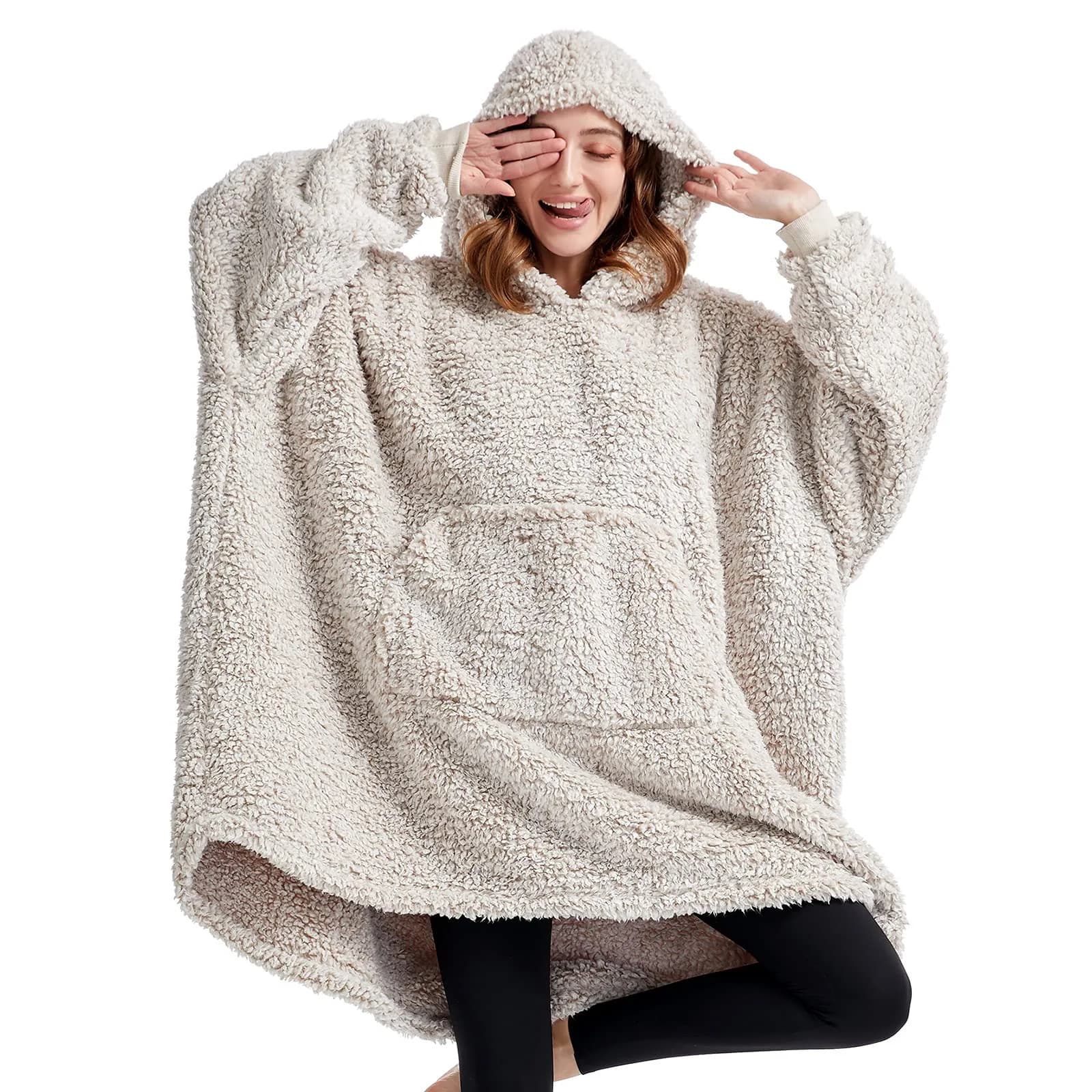 HORIMOTE HOME Oversized Sherpa Wearable Blanket Hoodie for Adults & Kids | Super Warm Light Brown — Light Brown